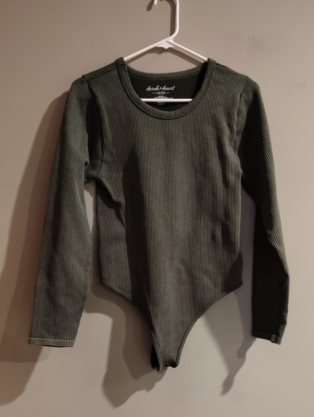 Derek Heart  Women's 1X/2X Olive Green Ribbed Long Sleeve Bodysuit